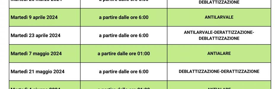 CALENDARIO DI INTERVENTI DI SANIFICAZIONE AMBIENTALE 2024